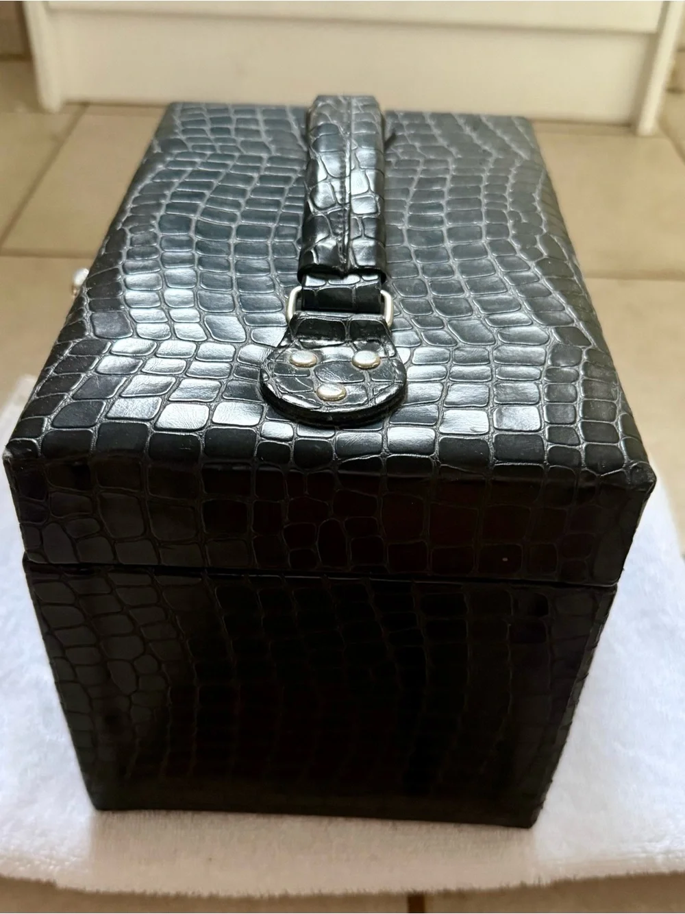 Vintage Nordstrom Makeup Train Case Faux Black Alligator Leather with Gold Trim